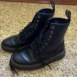 Dr. Martens Black Leather Lace-Up Boots with Yellow Stitching